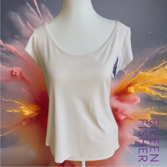 100% SILK Eileen Fisher Cream Top with Purple Butterfly Accent - Picture 3 of 10